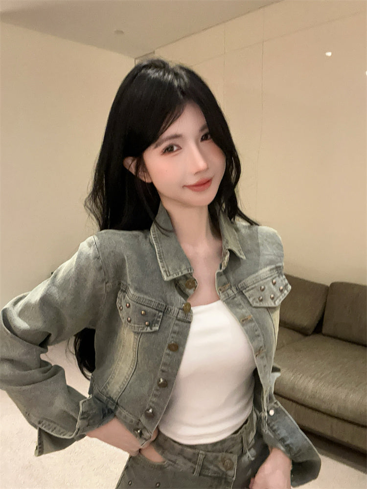美式復古辣妹高腰開衩牛仔裙套裝
