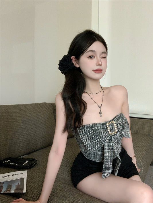 小香風修身蝴蝶結摺皺抹胸背心