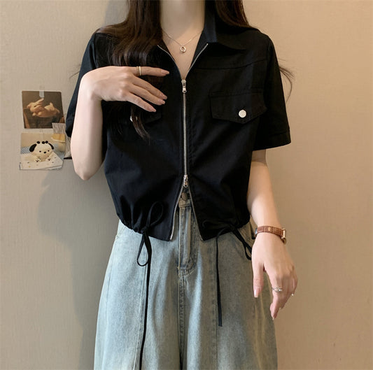 韓系個性青春減齡綁結拉鍊上衣