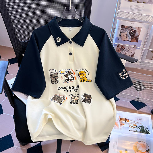 超可愛日常雙色拼接刺繡動物polo衫
