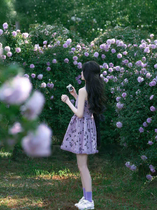 紫色碎花流蘇掛脖子吊帶連身裙(有大尺碼)