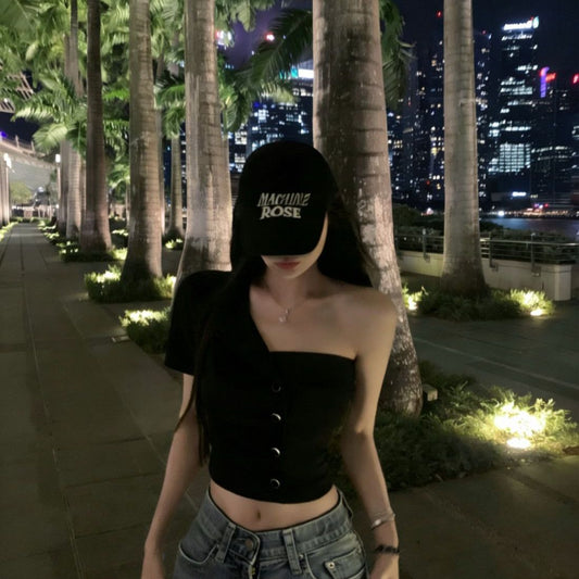 個性白色鈕扣斜領襯衫露肩上衣