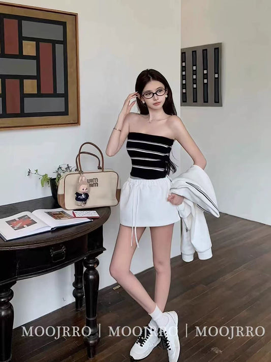 百搭休閒高級撞色抹胸背心&開衩長裙兩件套