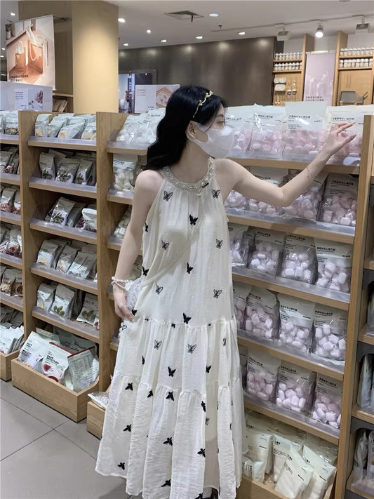 💕現貨秒出🍓氣質無袖掛脖刺繡蝴蝶連衣長裙
