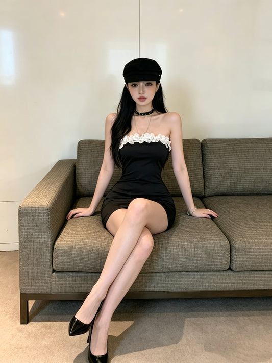 派對黑色抹胸超薄緊身包臀短裙