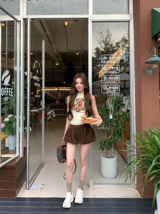 🧸美式復古圓領小熊印花背無袖上衣