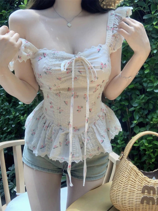 杏色碎花系帶小飛袖方領襯衫上衣