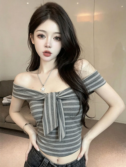 💕現貨秒出🍓絕美一字肩扭結條紋上衣