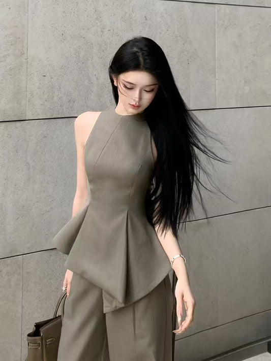 法式不對襯圓領無袖上衣兩件套(有大尺碼)