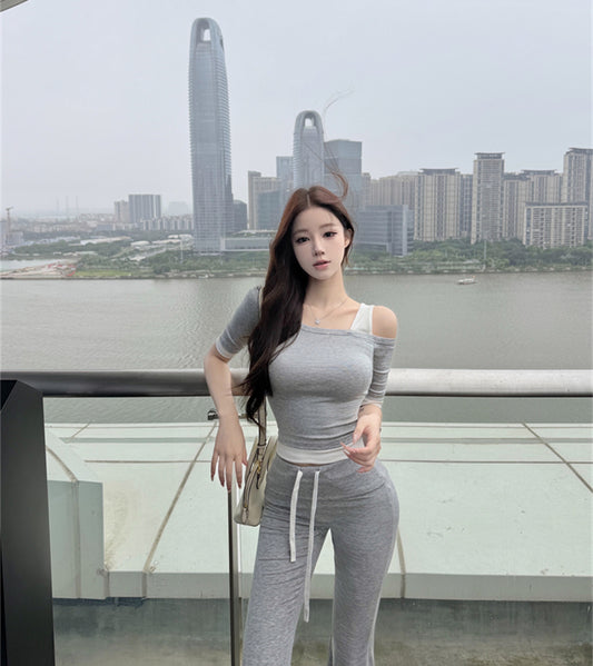 慵懶簡約假兩件斜肩灰色兩件套