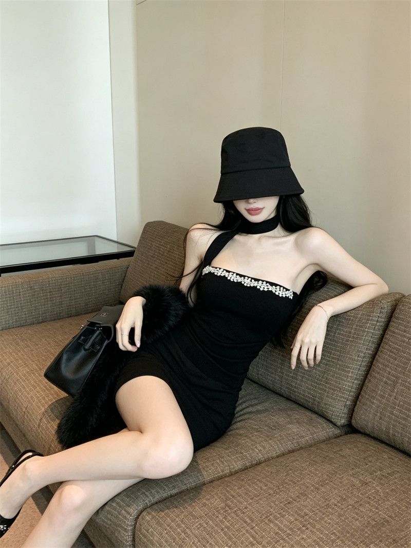 鑲鑽性感抹胸掛脖高腰顯瘦上衣(含圍脖)