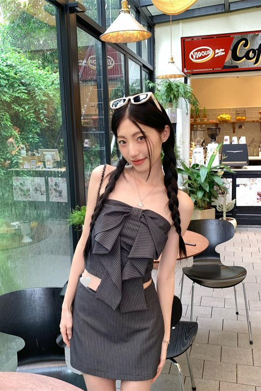 條紋抹胸氣質短裙兩件套