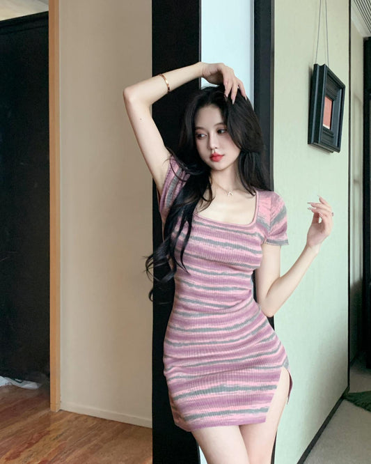 日常性感條紋連身小個子開衩裙