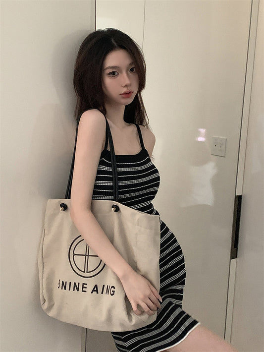 簡約復古條紋針織吊帶連衣裙