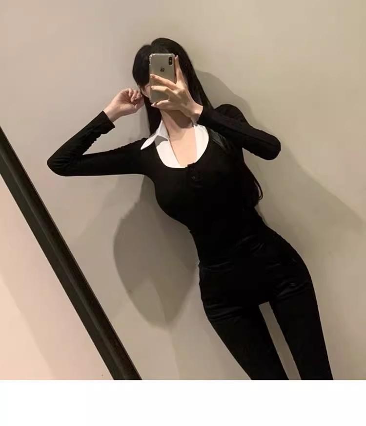 chic溫柔氣質撞色拼接翻領上衣