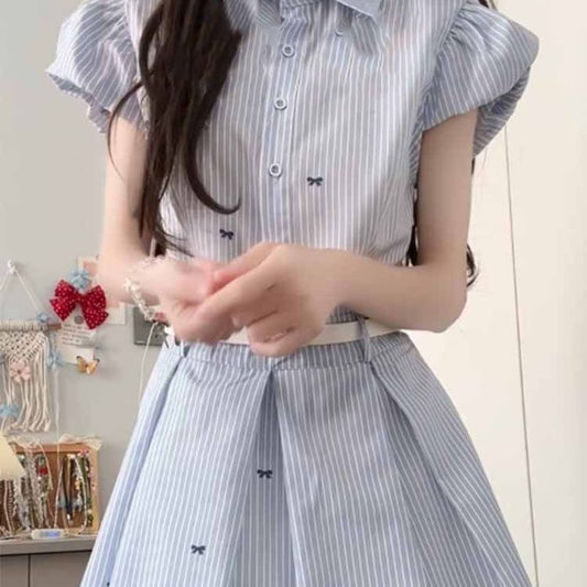 韓系小個子藍色條紋襯衫連衣裙