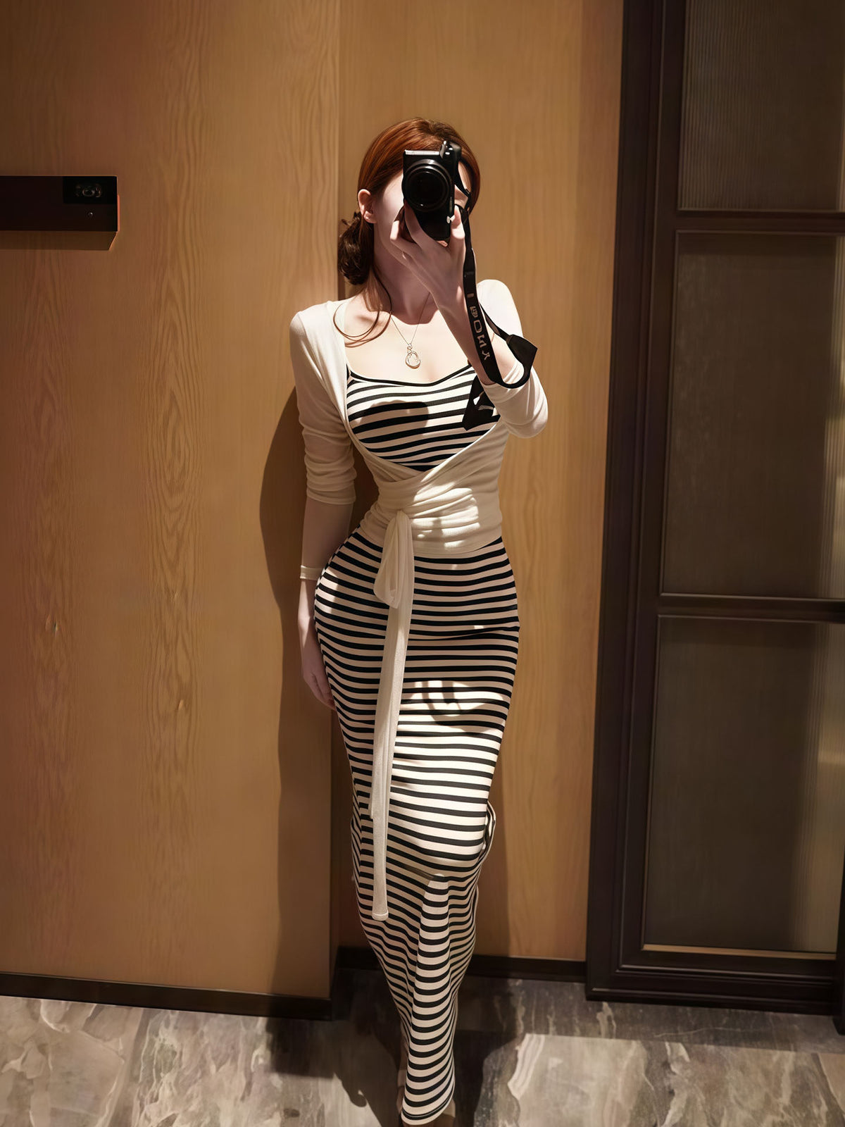 💕現貨秒出🍓純御辣妹黑白條紋吊帶連衣裙&綁帶防曬外套兩件套