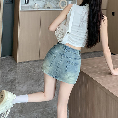 💕現貨秒出🍓復古水洗牛仔高腰短褲裙