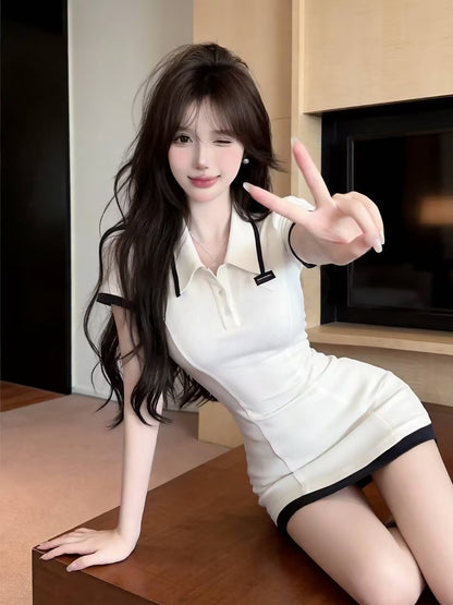 💕現貨秒出🍓ins風質感polo領短袖包臀收腰連衣裙