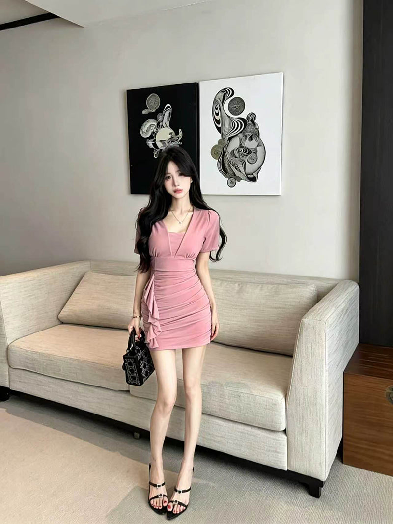性感V領網紗高腰褶皺連衣裙