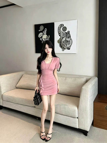 性感V領網紗高腰褶皺連衣裙