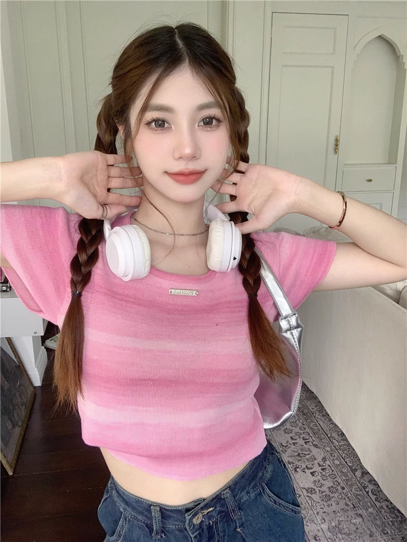 💕現貨秒出🍓多巴胺彩虹漸變色條紋針織T袖