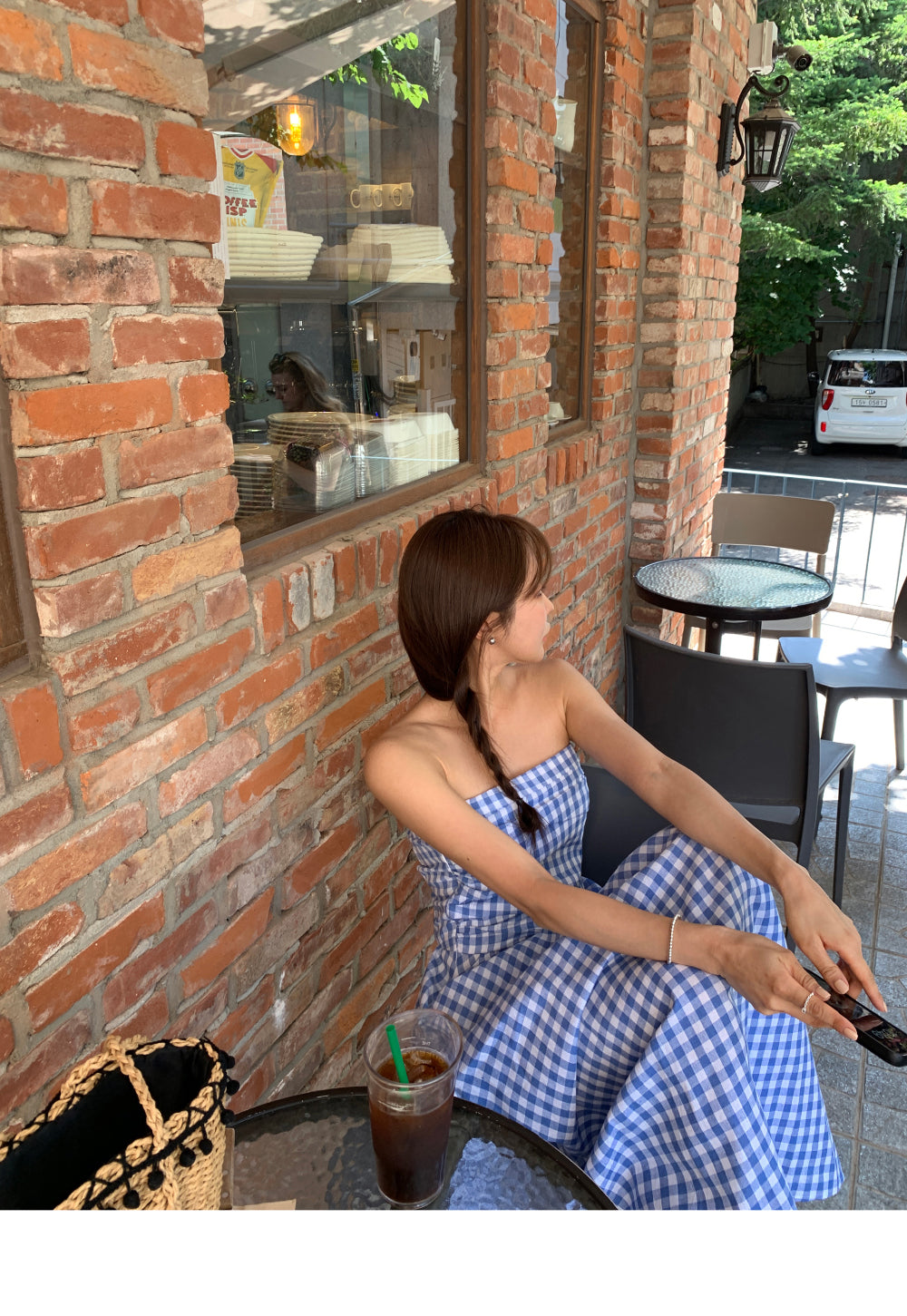 chic韓系甜美格子抹胸露肩度假連衣裙