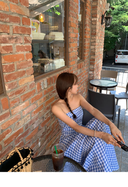 chic韓系甜美格子抹胸露肩度假連衣裙