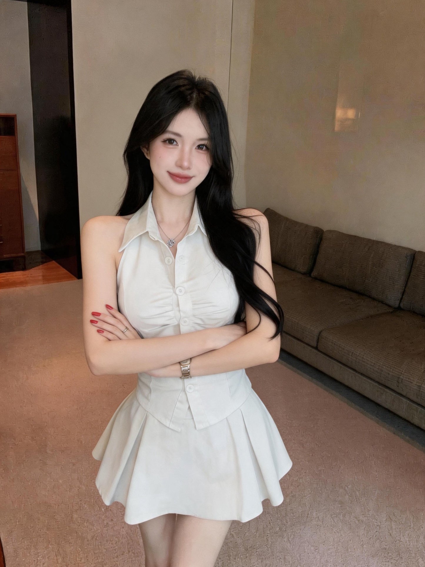翻領單排釦上衣+澎澎裙兩件套