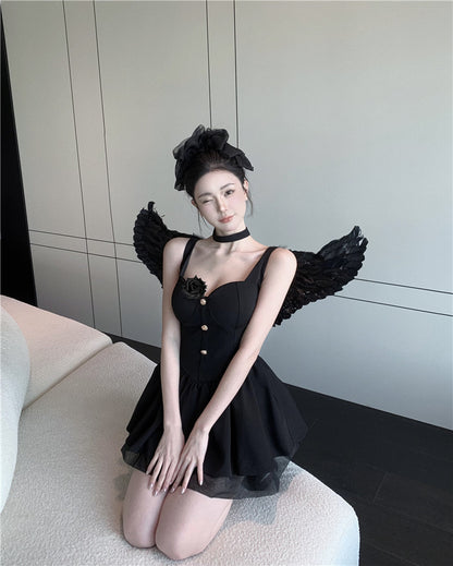 💕現貨秒出🍓法式吊帶高腰芭蕾風澎澎公主裙