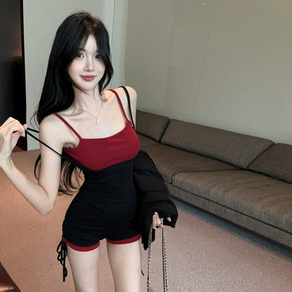 💕現貨秒出🍓辣妹假兩件吊帶連體瑜珈運動短褲