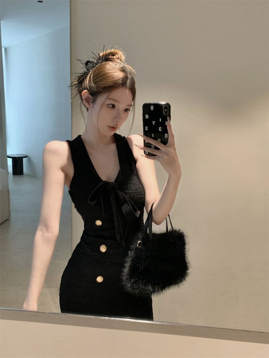 💕現貨秒出🍓小香風無袖收腰針織背心連衣裙