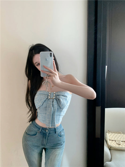 小香風修身蝴蝶結摺皺抹胸背心