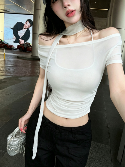 氣質斜肩微透感收腰短袖上衣