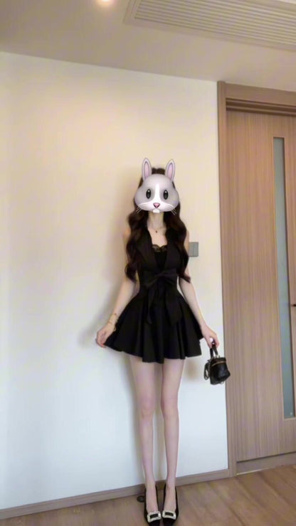 💕現貨秒出🍓御姐赫本風黑色POLO無袖澎澎裙組
