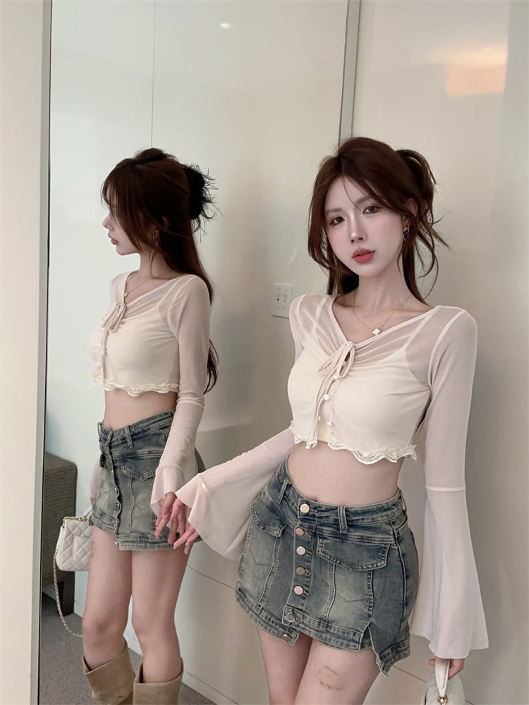 甜美蕾絲拼接喇叭袖背心兩件套💕