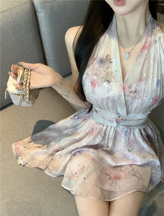 度假風粉色碎花小個子掛脖連衣裙