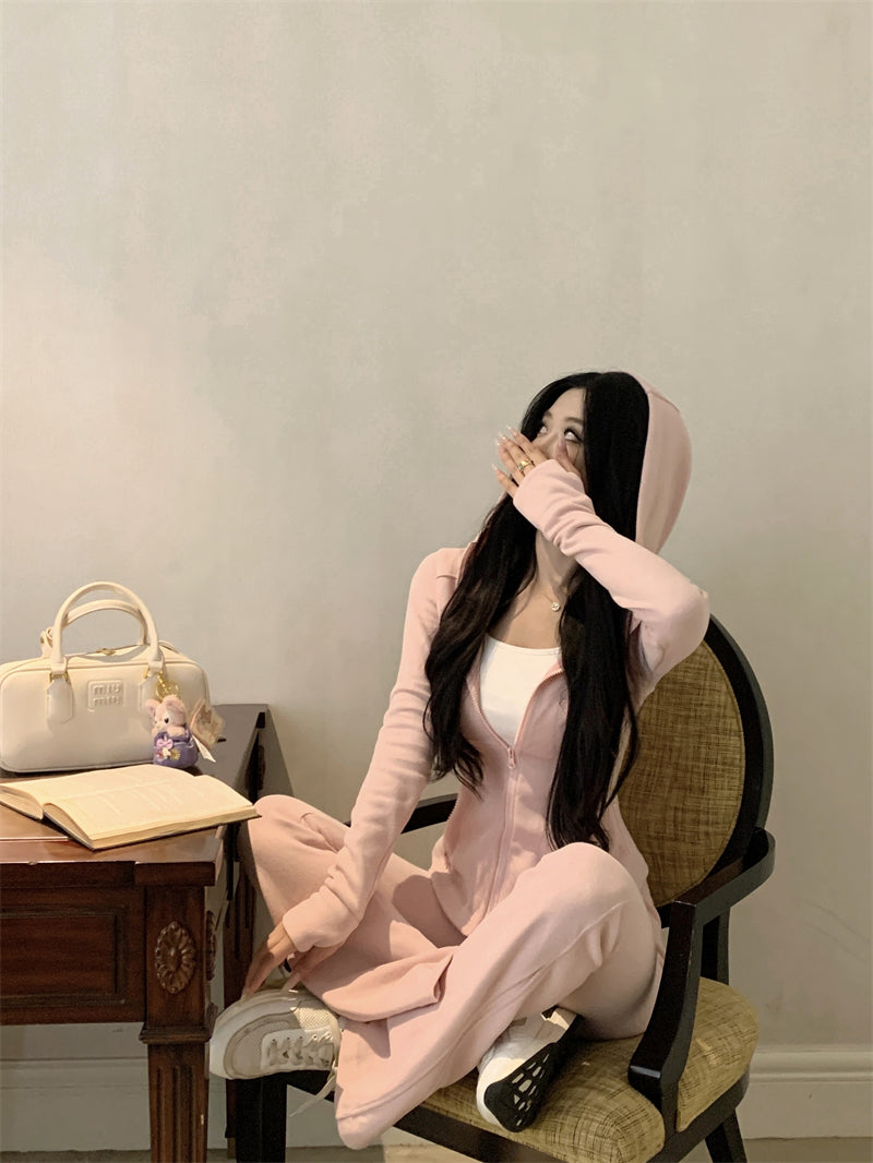 氣質修身拉鍊外套&休閒喇叭長褲兩件套