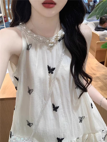 💕現貨秒出🍓氣質無袖掛脖刺繡蝴蝶連衣長裙