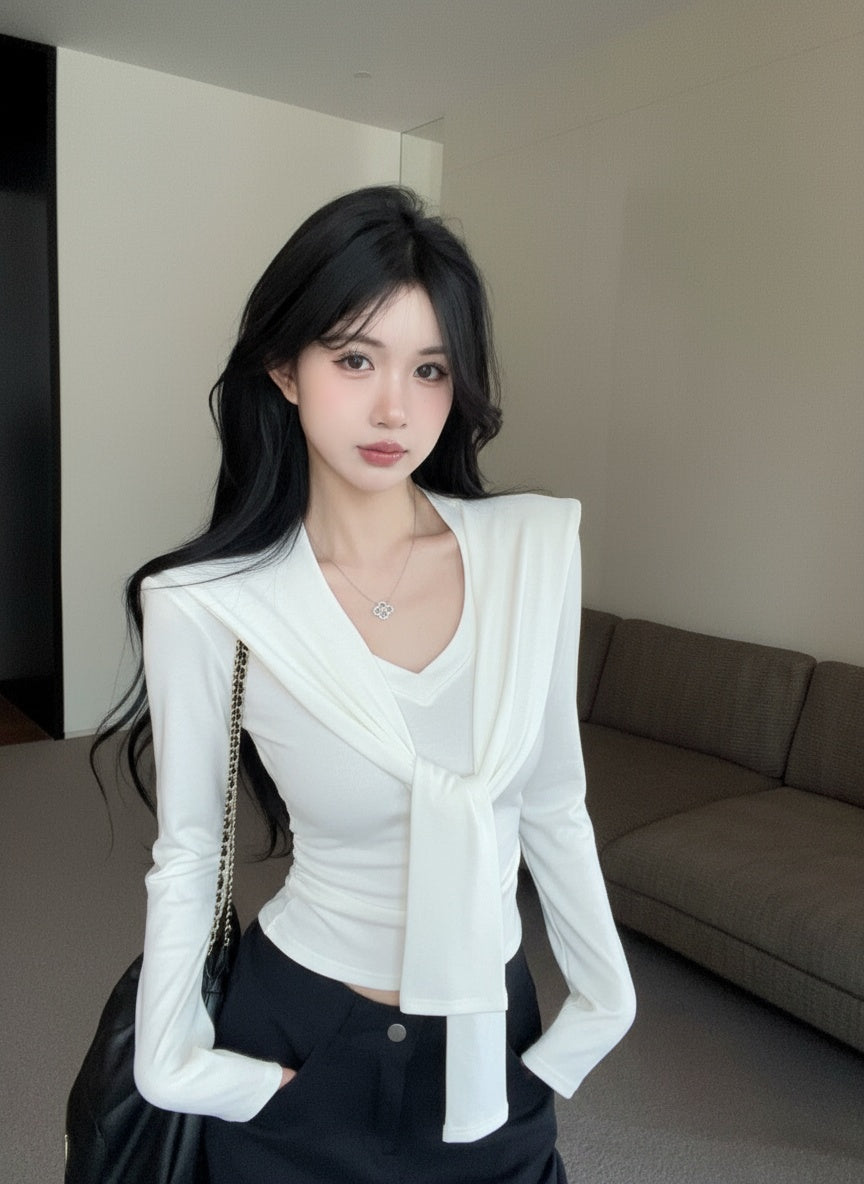 V領修身收腰正肩長袖上衣+披肩