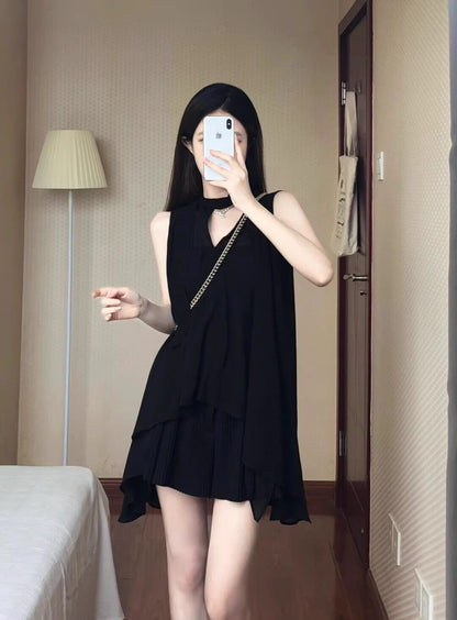 💕現貨秒出🍓法式氣質顯瘦掛脖雪紡吊帶連身衣