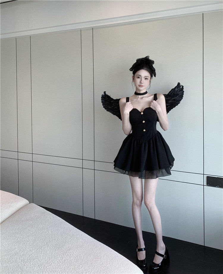 💕現貨秒出🍓法式吊帶高腰芭蕾風澎澎公主裙