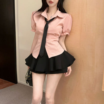 純御收腰JK領帶襯衫&高腰澎澎裙套裝