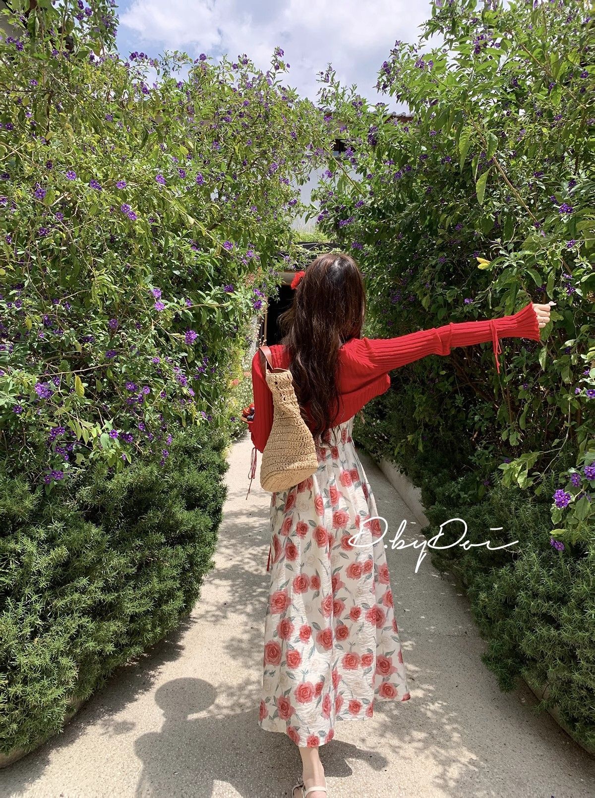 海邊度假紅色碎花吊帶長裙(有大尺碼)