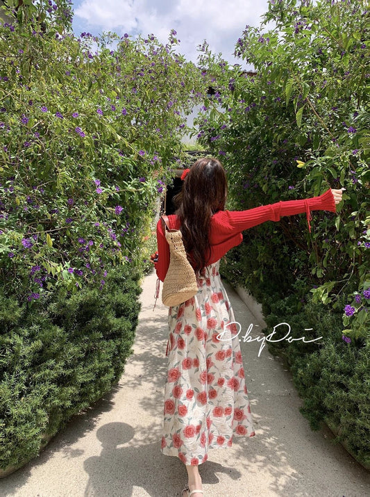 海邊度假紅色碎花吊帶長裙(有大尺碼)