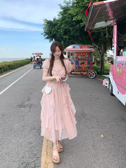 💕現貨秒出🍓法式方領甜美溫柔連衣裙
