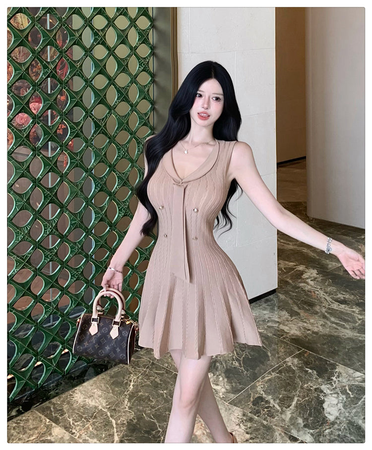 💕現貨秒出🍓法式無袖針織小香風連衣短裙