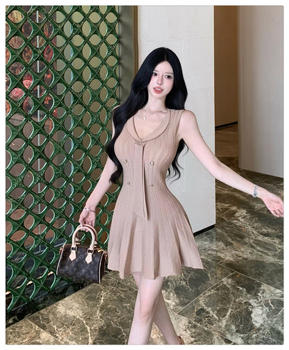 💕現貨秒出🍓法式無袖針織小香風連衣短裙