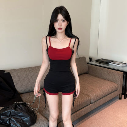 💕現貨秒出🍓辣妹假兩件吊帶連體瑜珈運動短褲