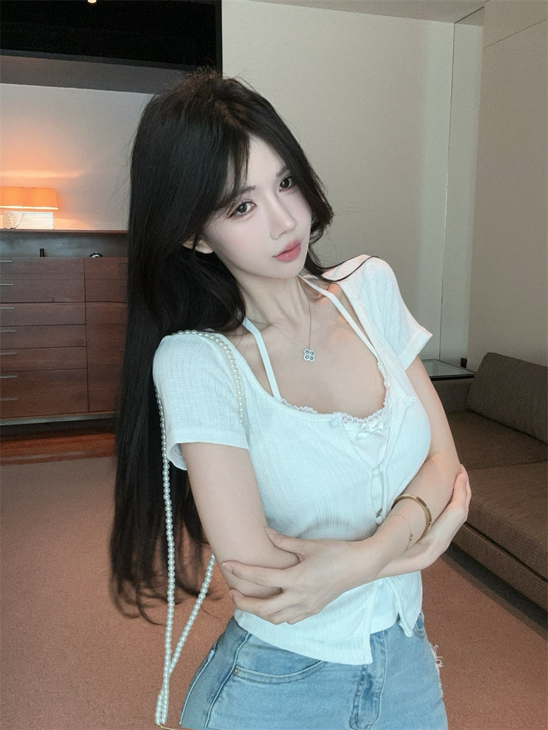 美式假兩件蕾絲掛脖顯瘦短袖上衣